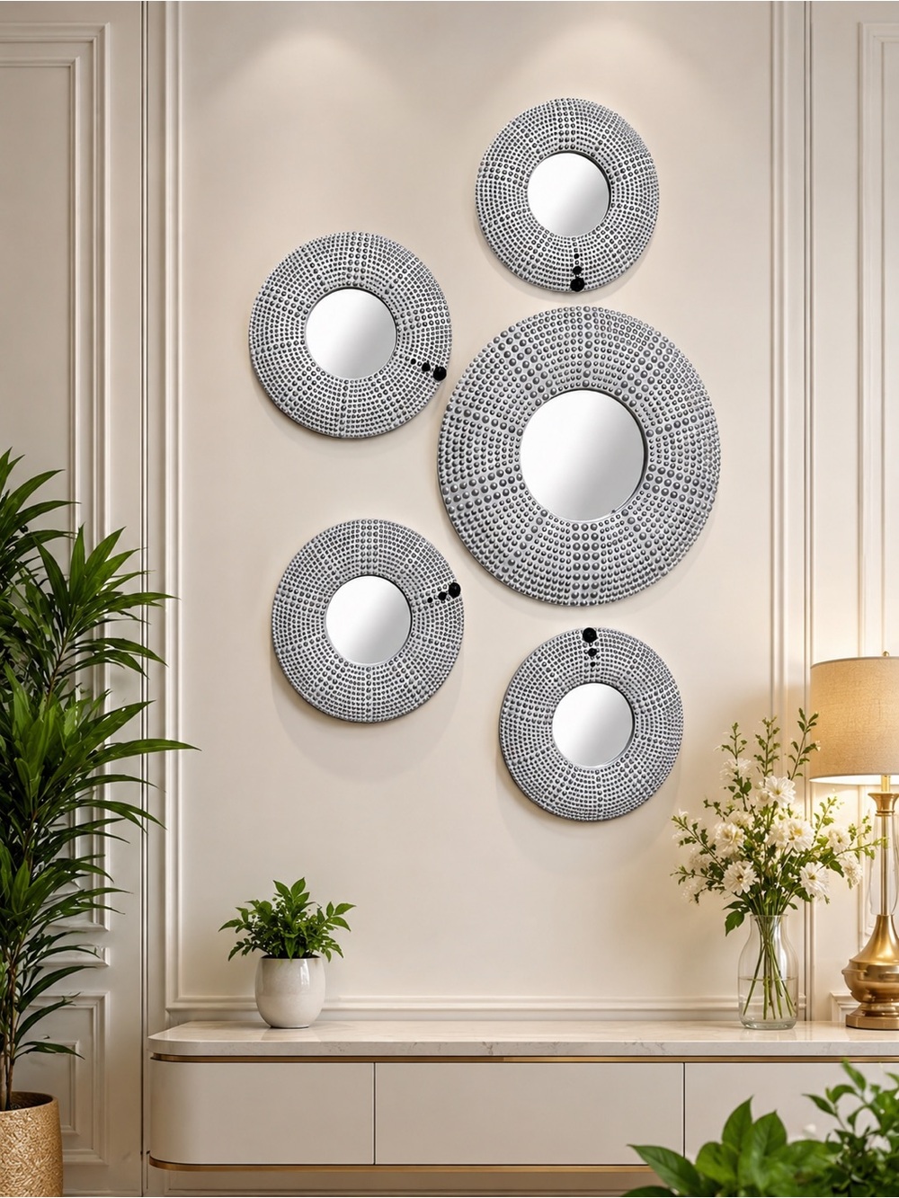 Decorative Round Wall Mirror Set in Silver - Brand